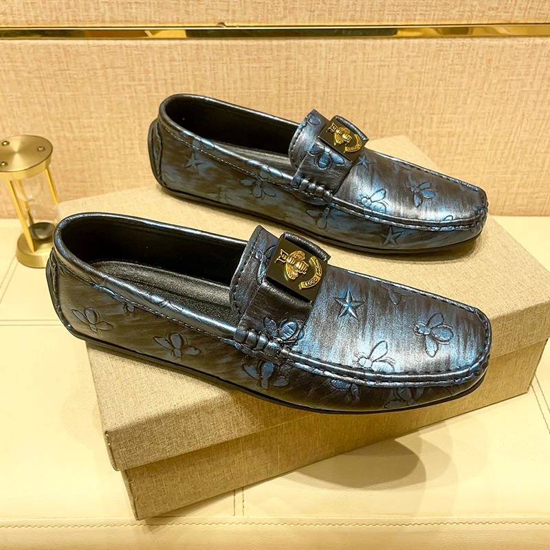 Italian Luxury Brand Insects Print Buckle Loafers Men's Leather Shoes Slip-on Fashion Soft-soled Casual Shoes Wedding Moccasins