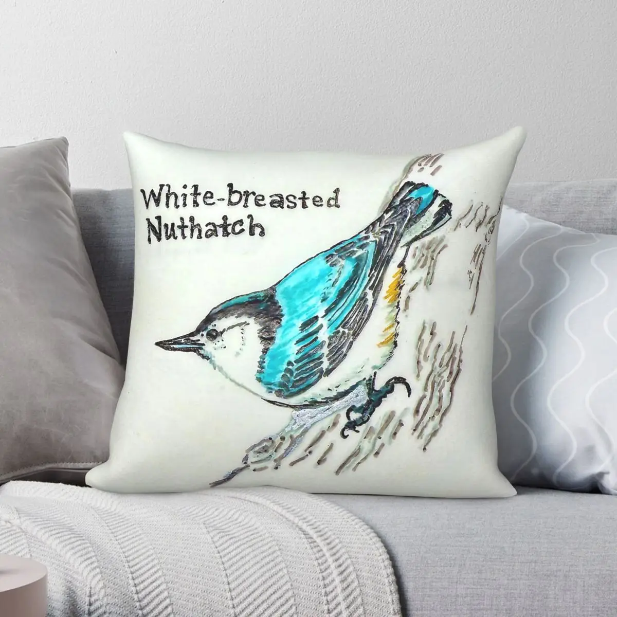 White-Breasted Nuthatch Square Pillowcase Polyester Linen Velvet Creative Zip Decor Sofa Seater Cushion Cover