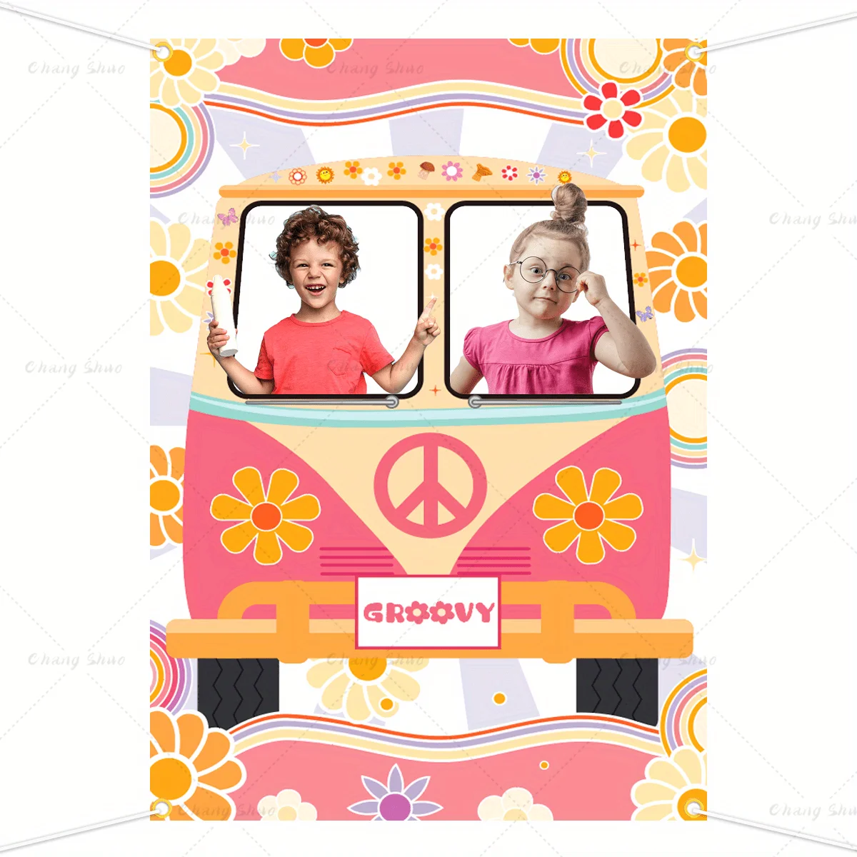 

Bohemia Hippie Bus Photo Booth Props Birthday Party Decorations Retro Bus Photo Banner Background Funny Selfie Frame Backdrop