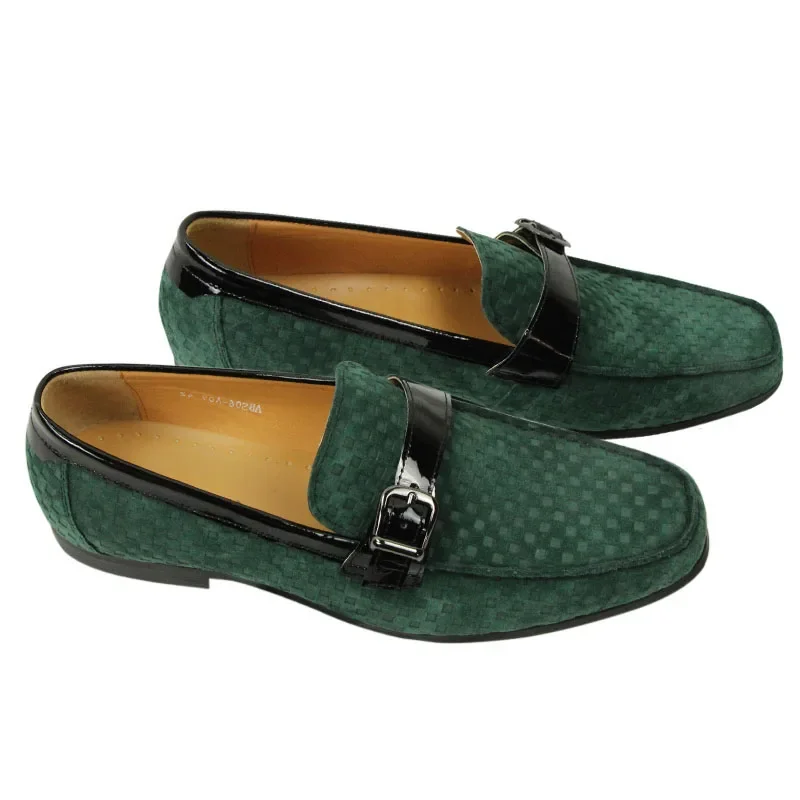 

Summer Shoe for Men High Quality Cow Suede Lazy Slip-on PU Bottom Loafer Casual Fashion Metal Buckle Decorate Craft Black Green