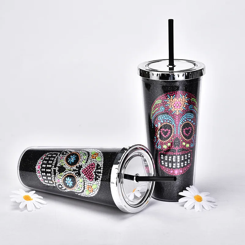 

700ML New Double-layer Plastic Straw Cup Drink Cup Diamond Creative Skull Water Cup Halloween Christmas Gift