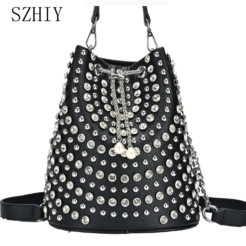 

Diamond Studded Drawstring Bag Luxurious Designer Shoulder Bag Women Chain Crossbody Purse Girls' Travel Bucket Dinner Handbag