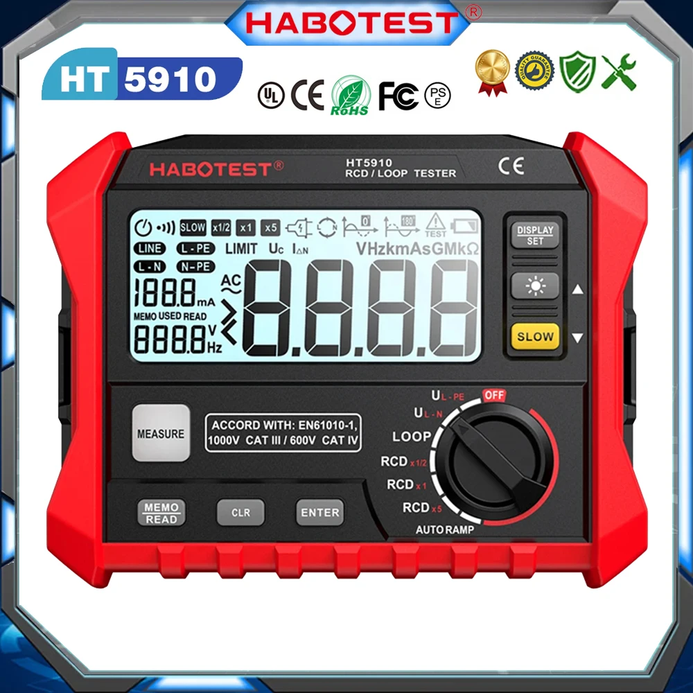 HABOTEST HT5910 Resistance Meter Leakage Switch Tester LCD Digital Ohm Meter RCD Loop 1000 Data Storage Voltmeter Megohmmeter