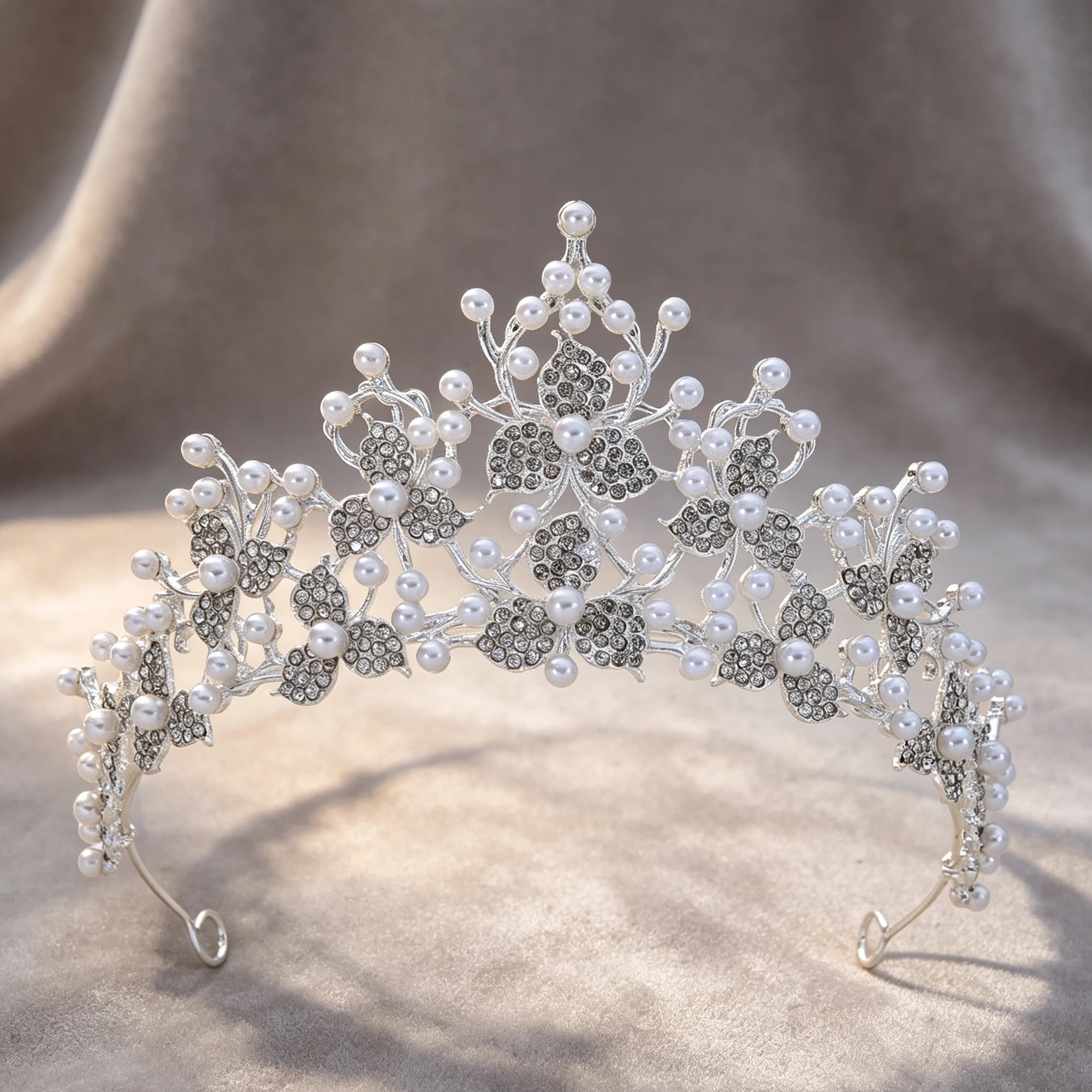 Fashion Baroque Silver Pearl Tiara Crown Floral Rhinestone Bridal Wedding Headpiece Birthday Party Queen Crown Hair Accessories