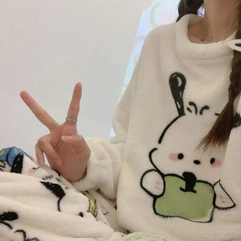 New Sanrio Sleepwear Pochacco Kawaii Winter Women Thicken Warm Plush Cute Cartoon Home Suit Lounge Wear Long Sleeve Y2k Clothes