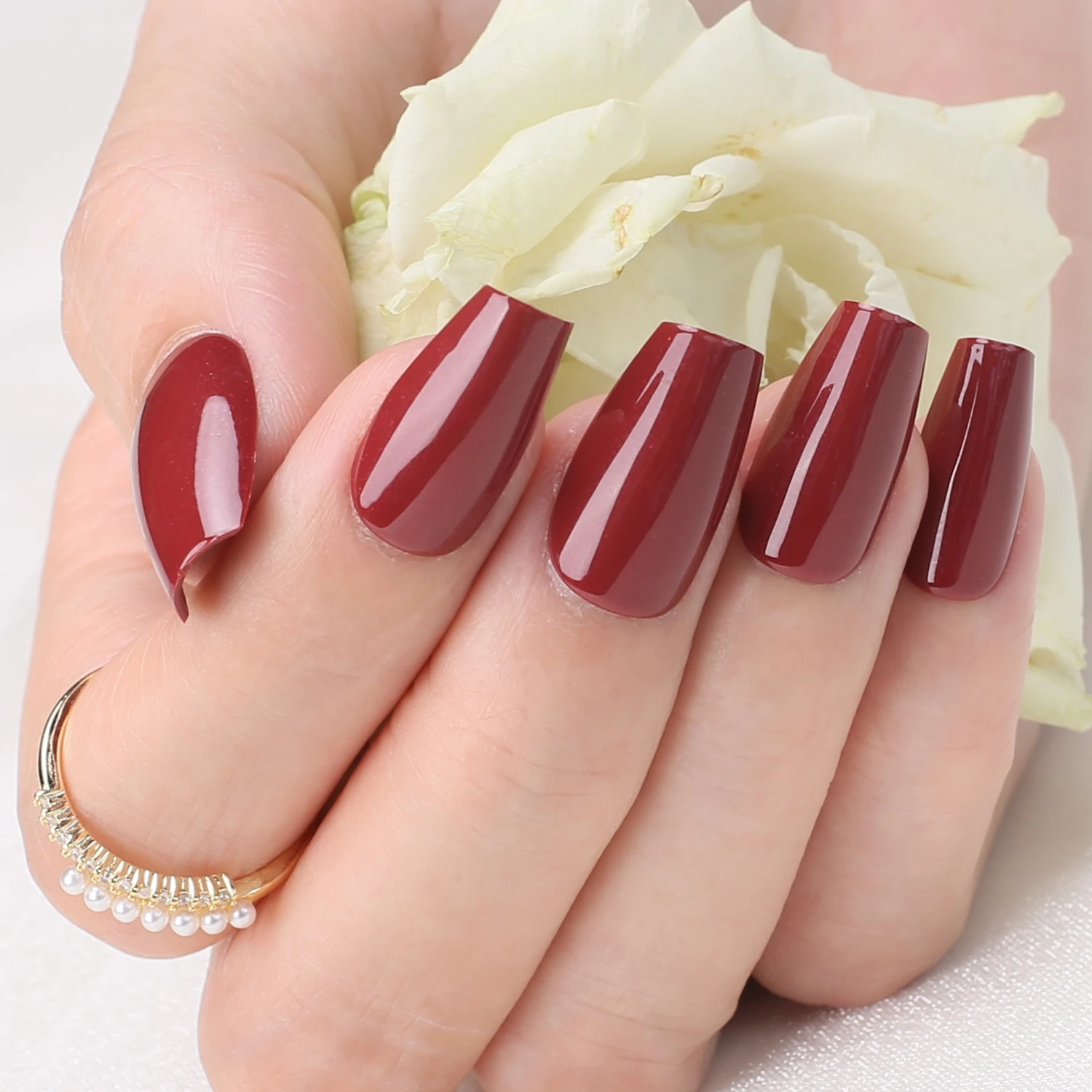 Maroon Short Coffin Shaped Fake Nails Gel Finish burgundy Square False nails Red flash reuse faux ongles Press on nails