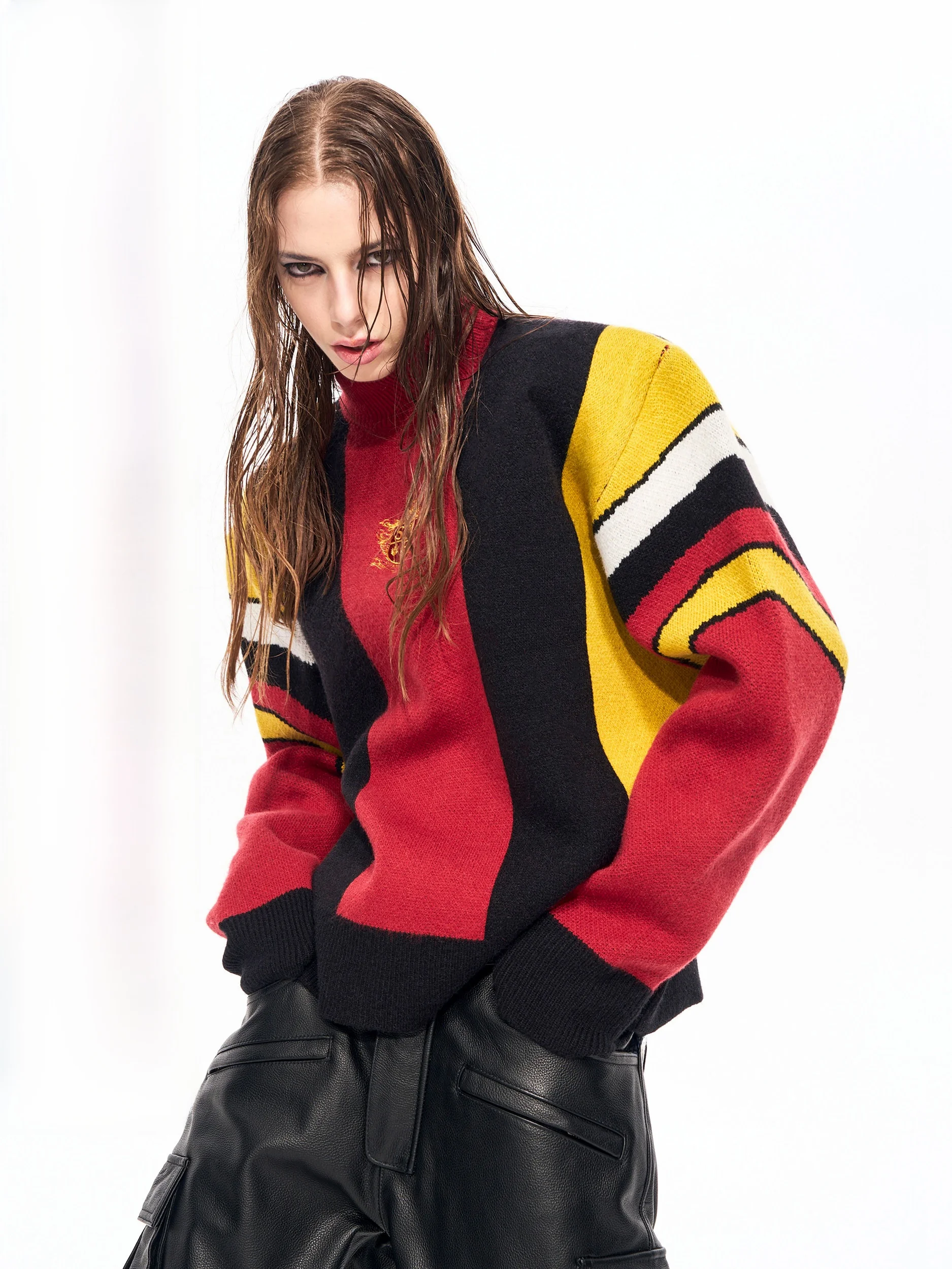 

Мужской вязаный свитер SEE Motorcycle Jaet с высоким воротником, зимний, с цветными блоками и вышивкой, теплый, модный мужской трикотаж