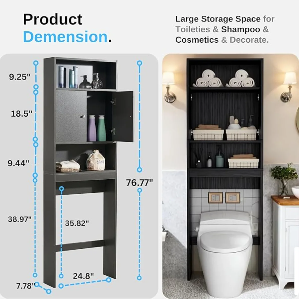 Over The Toilet Storage Cabinet - Wood Over Toilet Bathroom Cabinet with Adjustable Shelf and Double Doors, Black