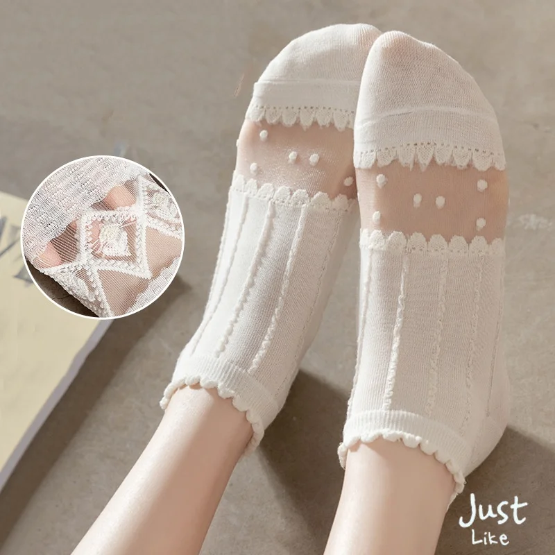 5 Pairs Summer Women White Glass Silk Breathable Sexy Transparent Socks Low Tube Thin Bubble Short Socks