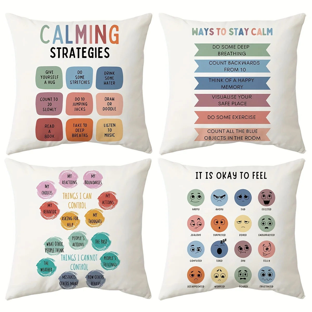 18x18 Inch Emotional Regulation Design Throw Pillow Covers - 4pcs Set, Zip Closure, Hand Washable Polyester Cases for Teens & Pr
