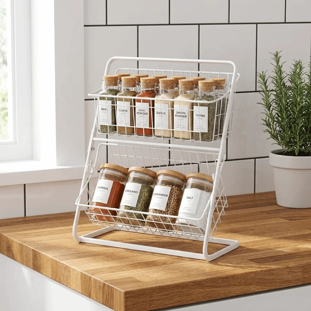 Iron 2-Tier Spice Holder Basket Detachable Rustproof Double Layer Fruits Holder Large Capacity Countertop Organizer Bathroom