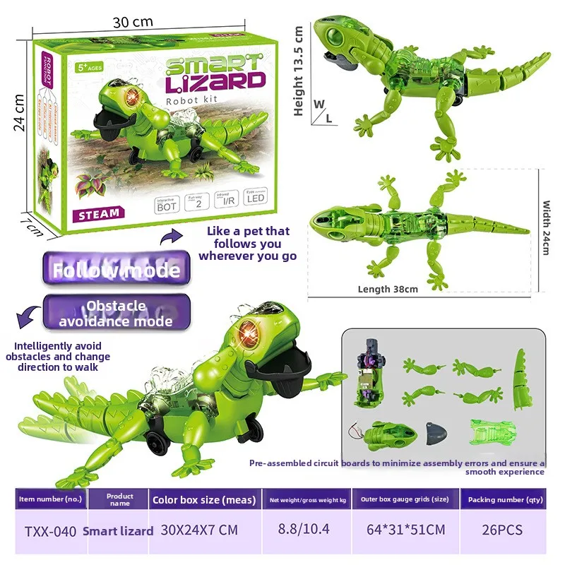 Kit de Robot Lagarto Inteligente DIY, Juguete Educativo STEM con Modo de Seguimiento y Evitación de Obstáculos, Kit de Construcción Científica para Niños