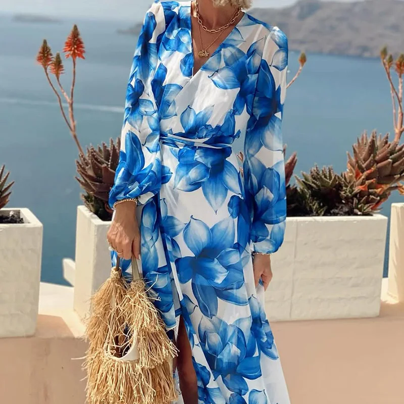 Outono nova senhora cintura alta split bohe vestido estilo férias lanterna manga longa vestido de noite moda com decote em v impresso vestido de festa