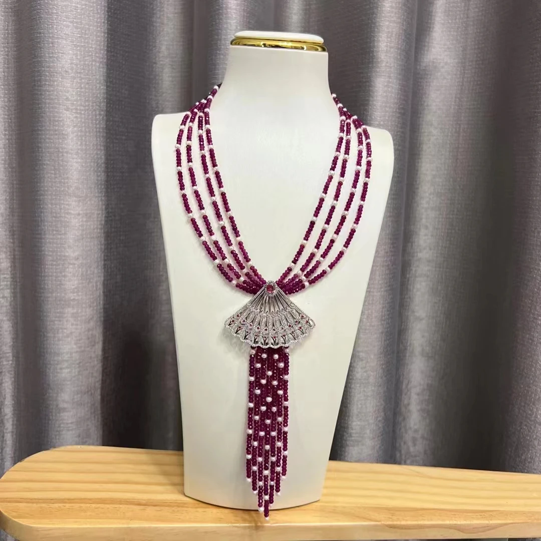 4 Rows Natural Red Crystal and Pearl Necklace Pendant 20'' Muti Strands Necklace Handmade Women Gifts