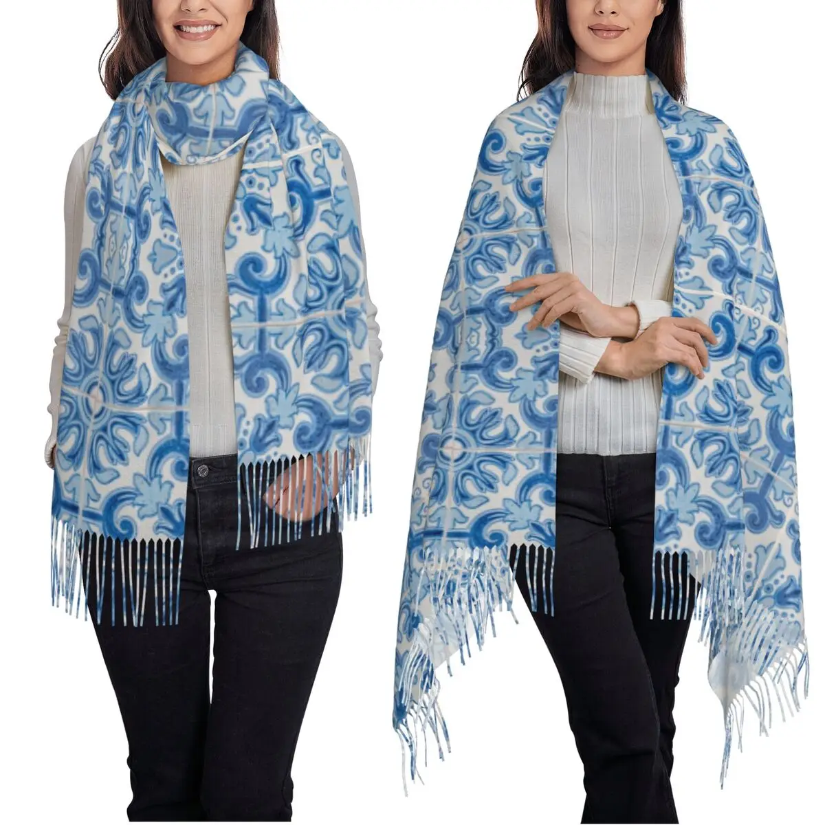 Azulejo Lisboa Azulejos Lisboa Cachecol com borla para mulheres xales e envoltórios macios e quentes grande outono inverno xale envoltório