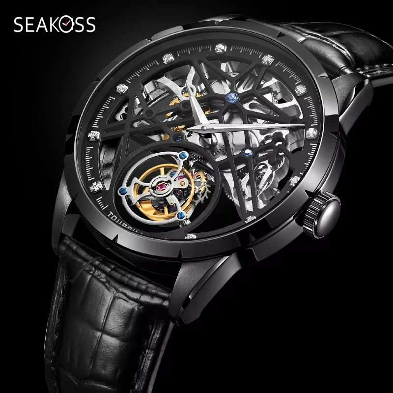 

SEAKOSS китайские летающие турбийоны мужские механические наручные часы тонкие часы мужской полый скелет для роскошных сапфировых часов
