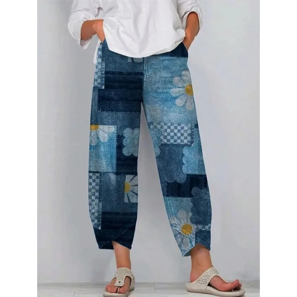 Kurze Harem-Capri-Hose mit abstraktem geometrischem Aufdruck für Damen, Baumwolle, lockere Passform, Tulpen-Wickelhose, knöchellange Freizeithose, XXS-4XL – Detail 21
