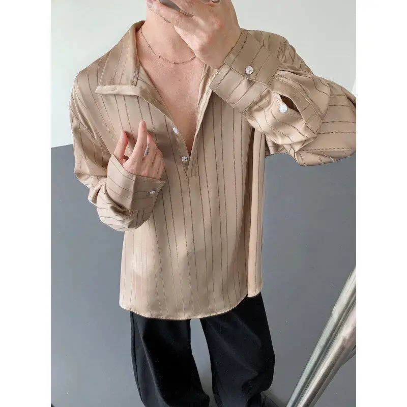 Retro Striped Smooth Loose Fit Acetate Silk Henry Collar Shirt Men's Draped Sensation Polyester Fiber Long Sleeve Summer Shirt
