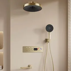 Brushed Gold Thermostatic Bathroom Shower Faucet In Wall Bath and Shower Faucet Set  Thermostatic Mixer Bath and Rainfall Shower
