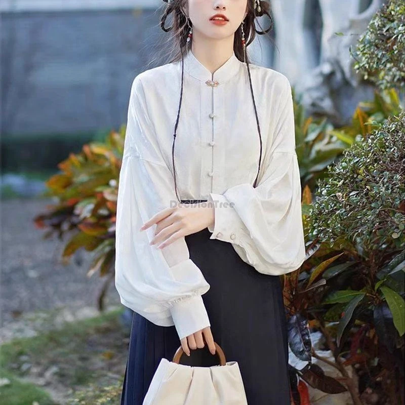 

2025 Spring and Autumn New Chinese retro style stand collar big sleeve tang suit Shirt women elegant loose Daily Hanfu blouse