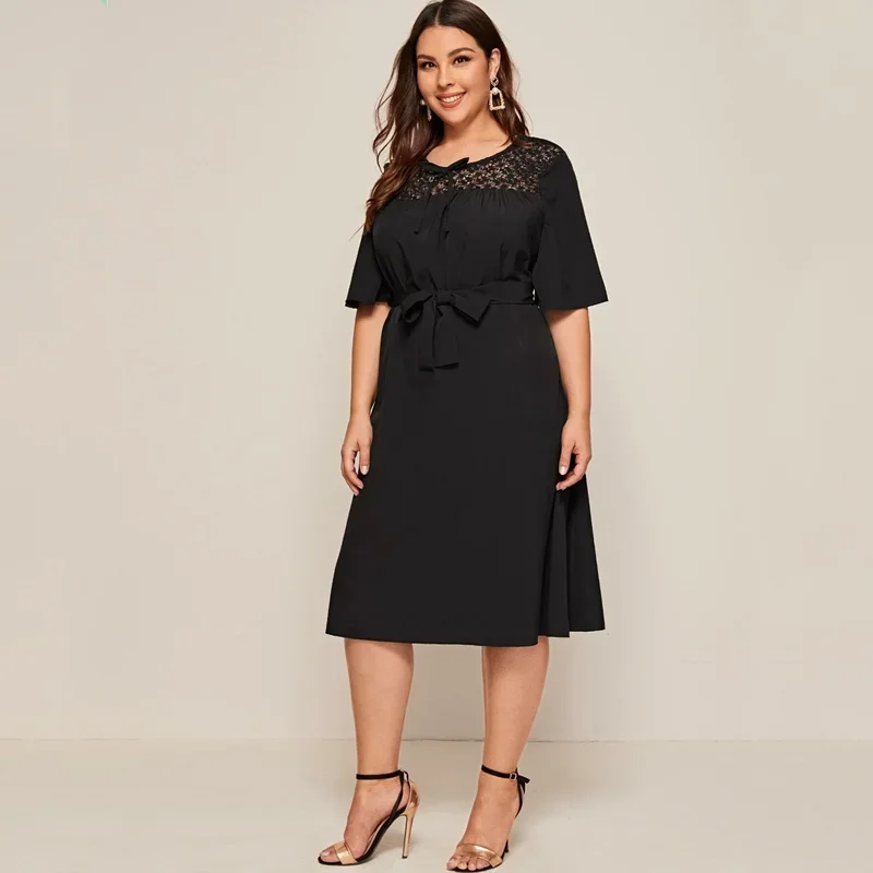Plus Size Tie Front Elegant Summer Dress Women Ruffle Sleeve Sashes Midi Dress Lace Patchwork Loose Casual Dress Large Size 6XL