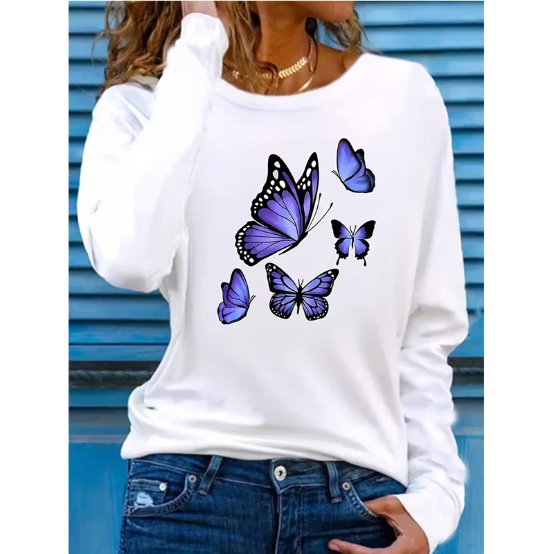 

T-shirt Clothes Women's Vintage Graphic Tee TopsTshirt Clothes Dark Purple Butterfly Pattern Print Long Sleeve Crew Neck T Shirt