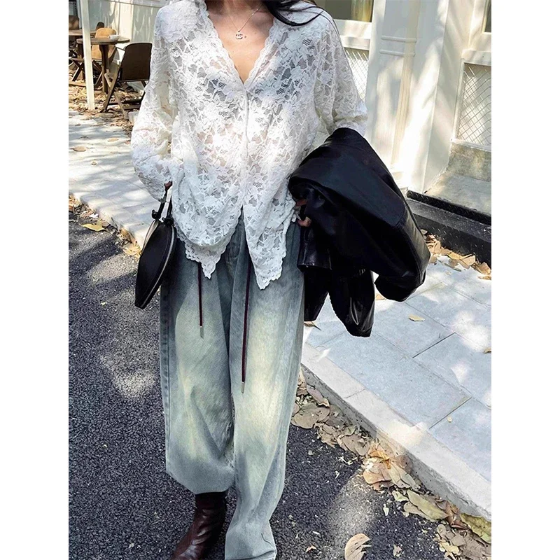 Y2K Lace Sheer Black Shirts Women Streetwear Sexy Hollow Out White Blouses Korean Aesthetic Long Sleeve Chic Sun Protection Tops image 5
