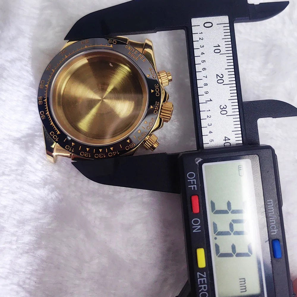 Caja de acero inoxidable dorada para reloj de 39,3 MM, hebilla deslizante dorada de goma suave negra para piezas de montaje de reloj de movimiento vk63