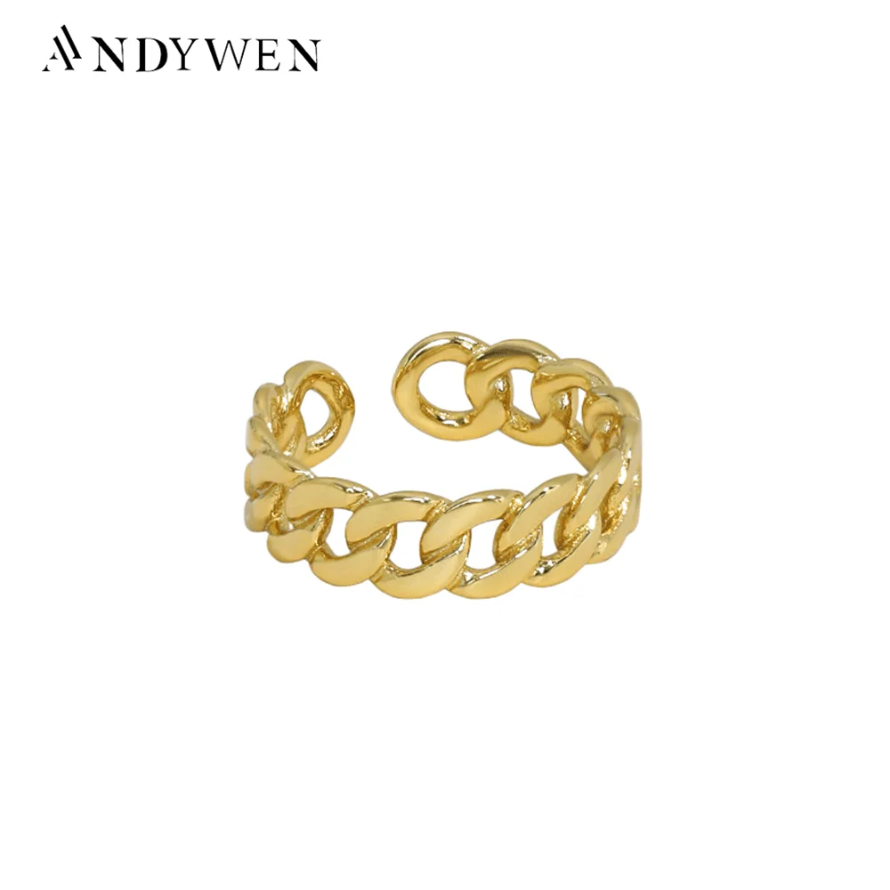 ANDYWEN 925 Sterling Silver Gold Chain Resizable Rings Geometric Irregular Round Women Fashion Fine Jewelry Crystal Twist