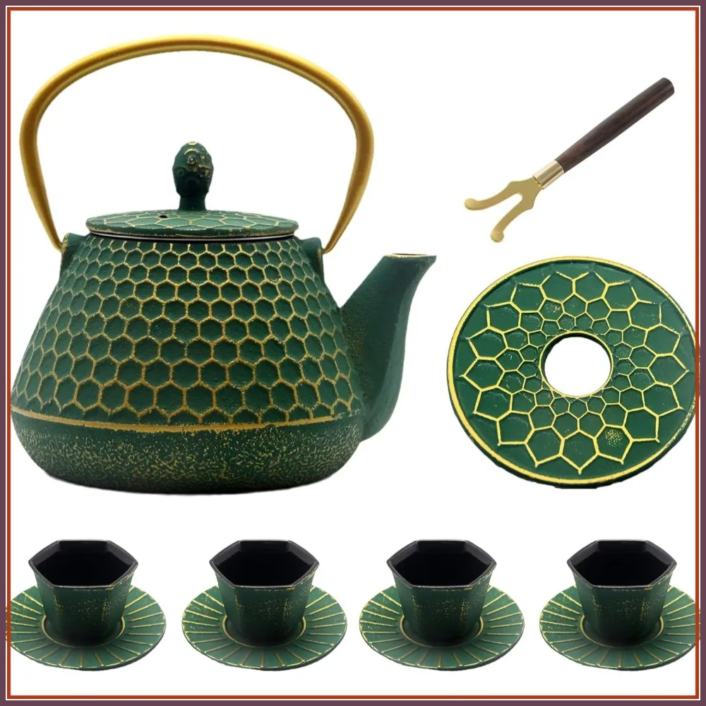 

Cast Iron Teapot with Cups Set, 33.8oz Hexagon Enameled Tea Kettle for Stovetop, Includes Stainless Steel Infuser