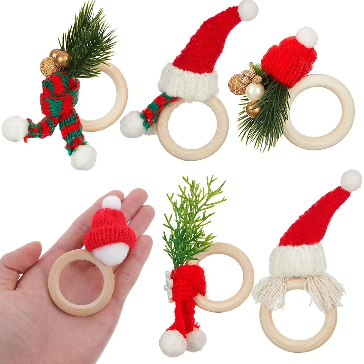 Tempat Serbet Natal dari Kayu, Topi Rajut Natal, Tempat Serbet Syal, Tempat Serbet Rustic Lucu untuk Makan Malam Natal dan Ulang Tahun