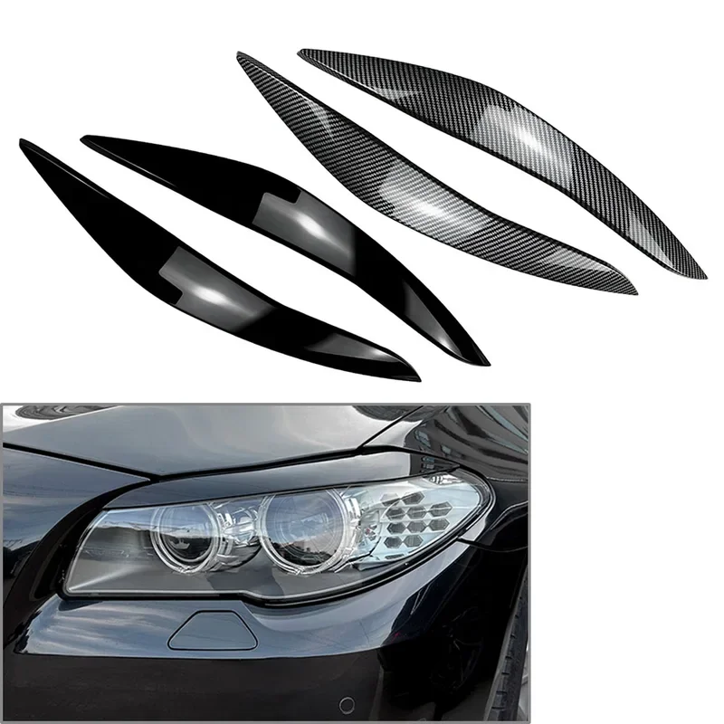 Car Front Headlight Eyelids Eyebrow Cover Trim For BMW 5 Series F10 F11 2011 2012 2013 2014 Glossy Black/Carbon Fiber
