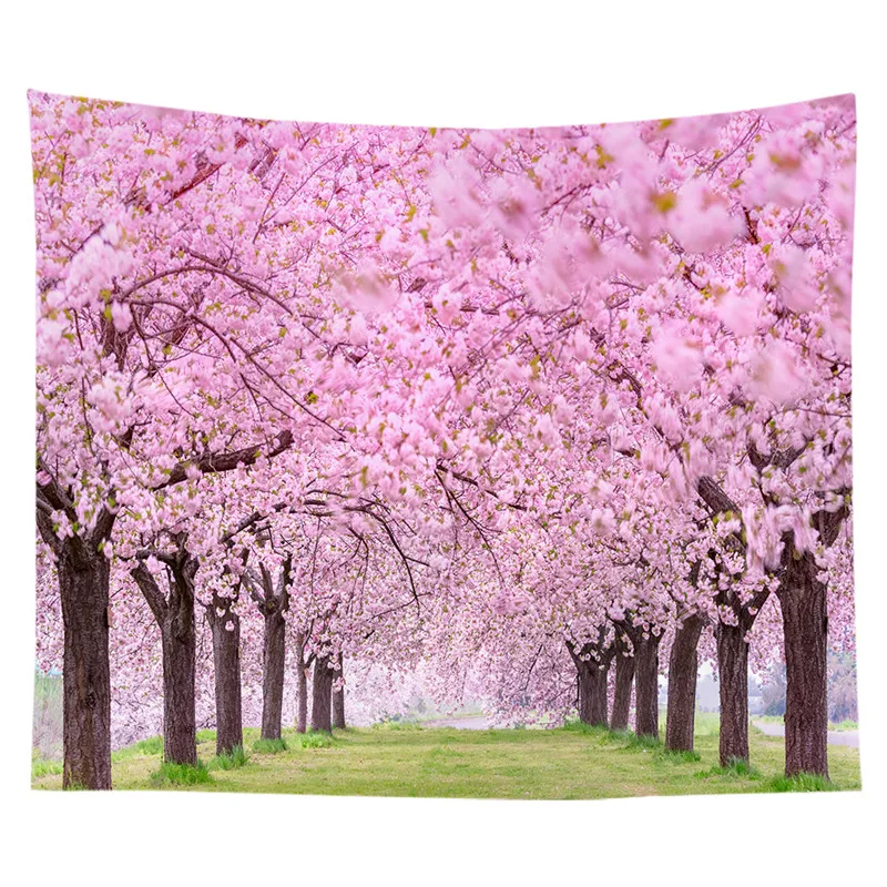 Pink cherry blossom forest trees landscape tapestry wall hanging room aesthetic decoration living room wall home decoration