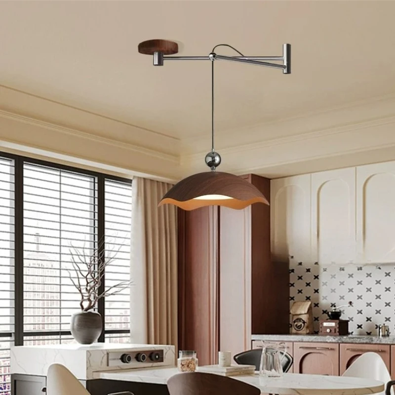 

Vintage Wabi Sabi Walnut Grain Pendant Light Dining Room Villa Parlor Loft Coffee Bar Rocker Arm Shiftablet Art LED Hanging Lamp