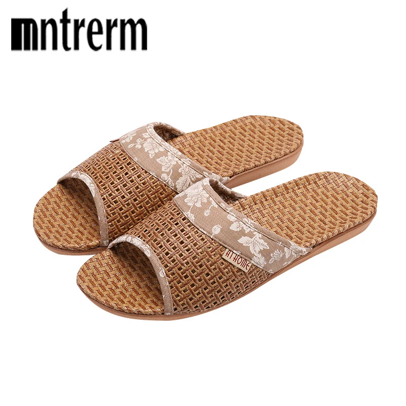 Mntrerm Couples Summer Flax Slippers Linen Weave Floral Slides Sandals Women Men Indoor Shoes Home Slippers Ladies Flip Flops