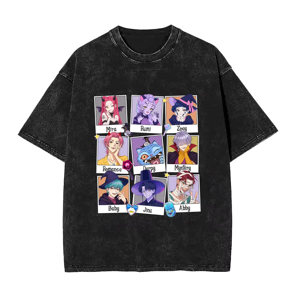 Kpop شيطان الصيادين ساجا بنين رومي ميرا زوي ديربي النمر غسلها خمر تي شيرت الرجال المرأة موضة المتضخم Crewneck تي شيرت