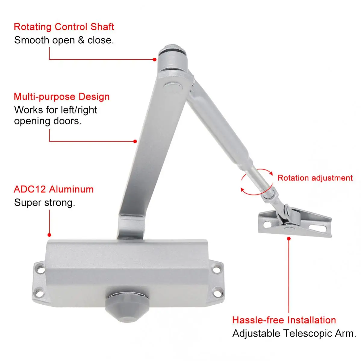 Aluminum Alloy Automatic Door Closer Fire-proof Residential Door Hydraulic Auto Door Closer Heavy Duty Large for 25 to 80kg Door