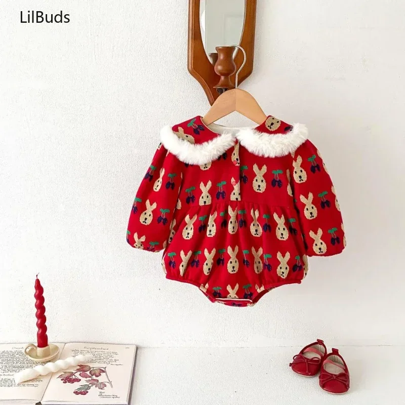 2024 New Year Christmas Holiday Party Newborn Jumpsuit Cute Rabbit Animal Baby Girl Romper Long Sleeved Fashion Autumn Costume