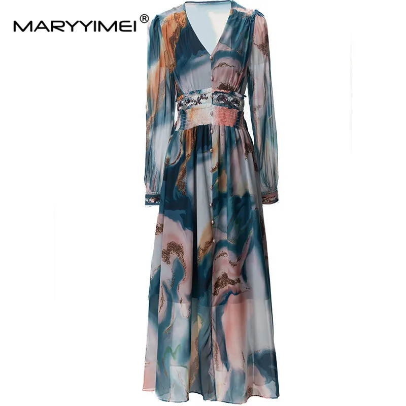 

MARYYIMEI Fashion Design Spring Summer women's V-Neck Lantern Sleeved Beading Print Folds Sequins Vacation Dresses