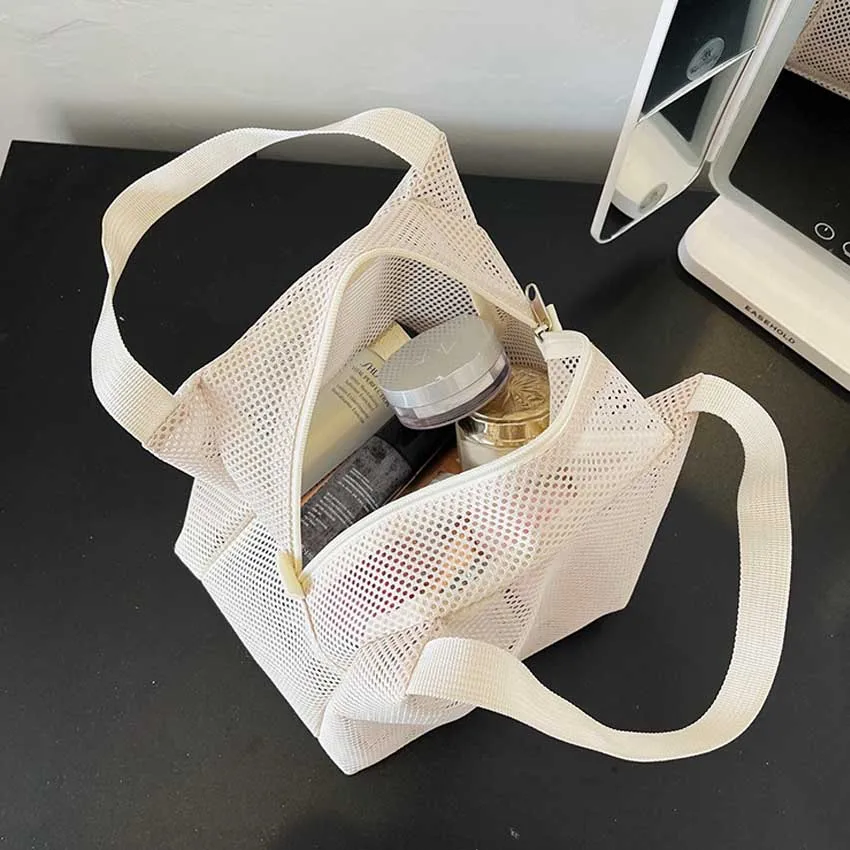 New Large Capacity Mesh Bag with handle Travel Toiltery Makeup Bag Portable Beach Bag Cosmetic Zipper Pouch