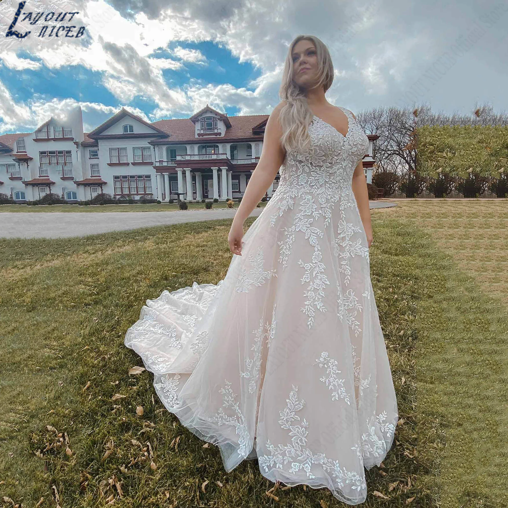 

Romantic Lace Plus Size Wedding Dresses Classic Sleeveless A-line Bridal Gowns V-neck V-back Tulle vestidos de novia Customized