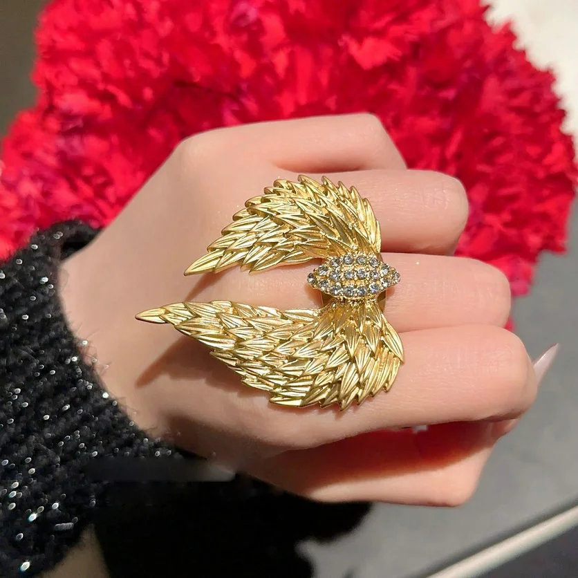 Women Wing Feather Gemstone Earrings Vintage 18K Gold Plated Embossed Brooch Ring