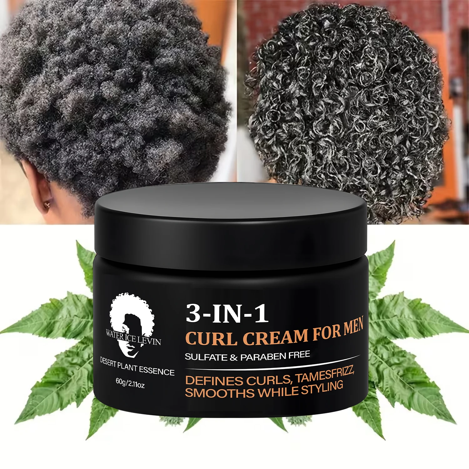 Creme 3 em 1 para Cachos para Homens com Colágeno e Óleo de Coco - Define Cachos, Controla o Frizz, Alisa ao Modelar, Livre de Sulfatos e Parabenos 60g