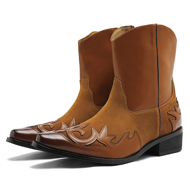

Men High Top Boots PU Pointed Toe Low Heel Fashionable Embroidery Comfortable Western Cowboy Boots Sizes 38-46
