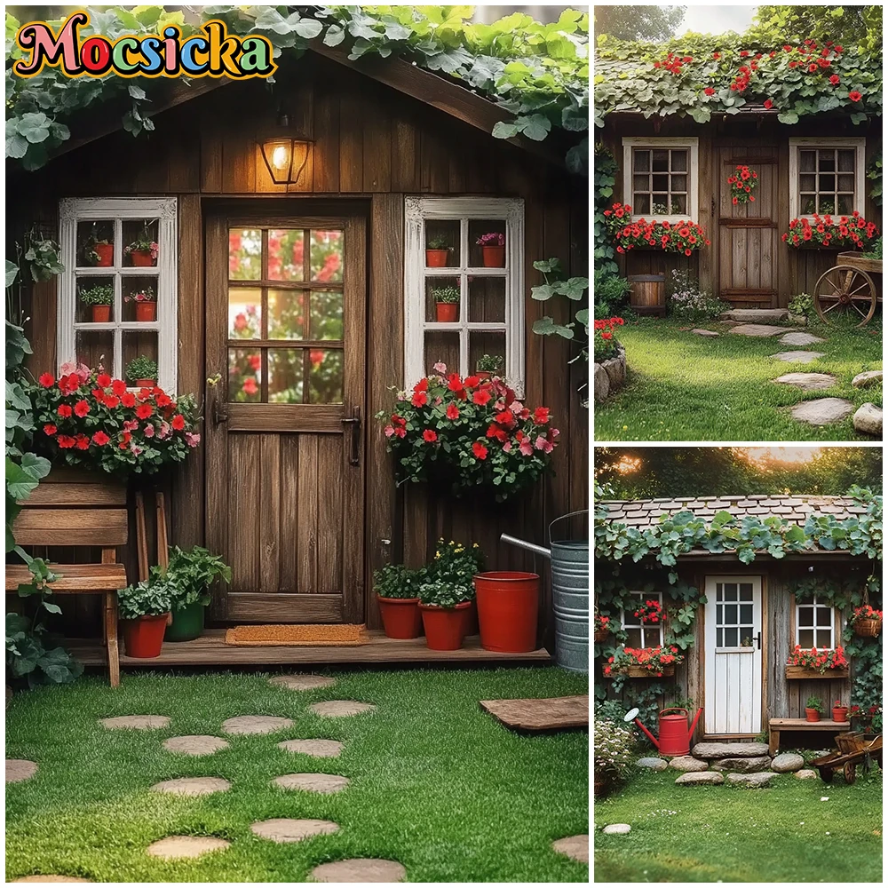 

Mocsicka Photography Background Spring Flower Party Wood House Green Grassland Decor Shooting Studio Props Backdrop Photo Studio