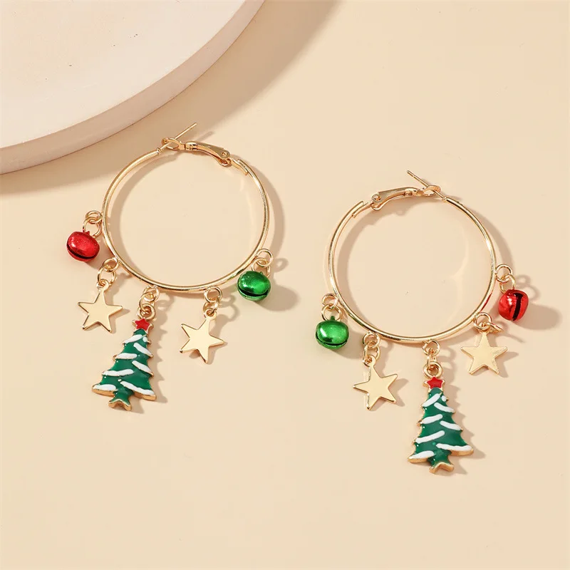 2Pc New Cute Santa Claus Christmas Tree Colorful Hoop Earrings Women's Christmas Round Earrings New Year Party Jewelry Gift