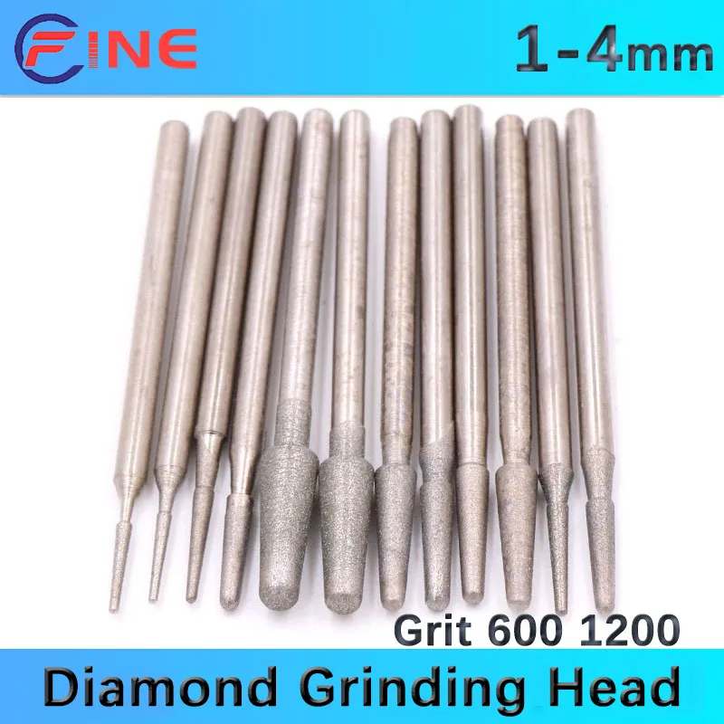 

Diamond Grinding Head 1-4mm Cone Rotary Drill Bits Burrs Metal Stone Jade Engraving Carving Tools B Needle Grit 600# 1200#