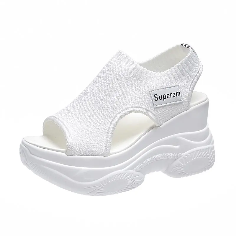2024 Summer New Knitted Shoes Fairy Fish-mouth Wind Cake Sole High Heel Flying Weave Slope Heel Thick Sole Sports Women\'s Sandal