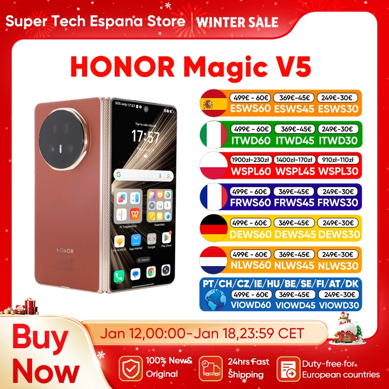 Honor Magic V5 Versione Globale Originale Smartphone 5G con Display OLED Dual HDR, Snapdragon 8 Elite, Batteria 5820mAh, 7.95 Pollici, Ricarica Rapida 66W, Ricarica Wireless 55W, NFC