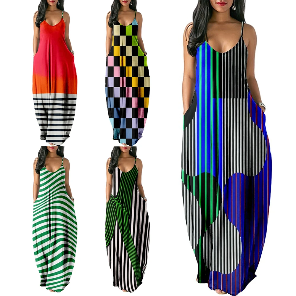 

SOJINM Summer Dress For Women Stripe Printed Sexy Sleeveless Midi Backless Party V-Neck Dresses Beach Casual Streetwear robe 2XL